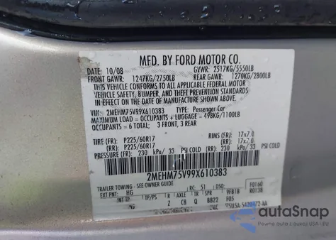 2009 Mercury Grand Marquis Ls (Fleet Only) from USA, damaged, VIN 2MEHM75V99X610383